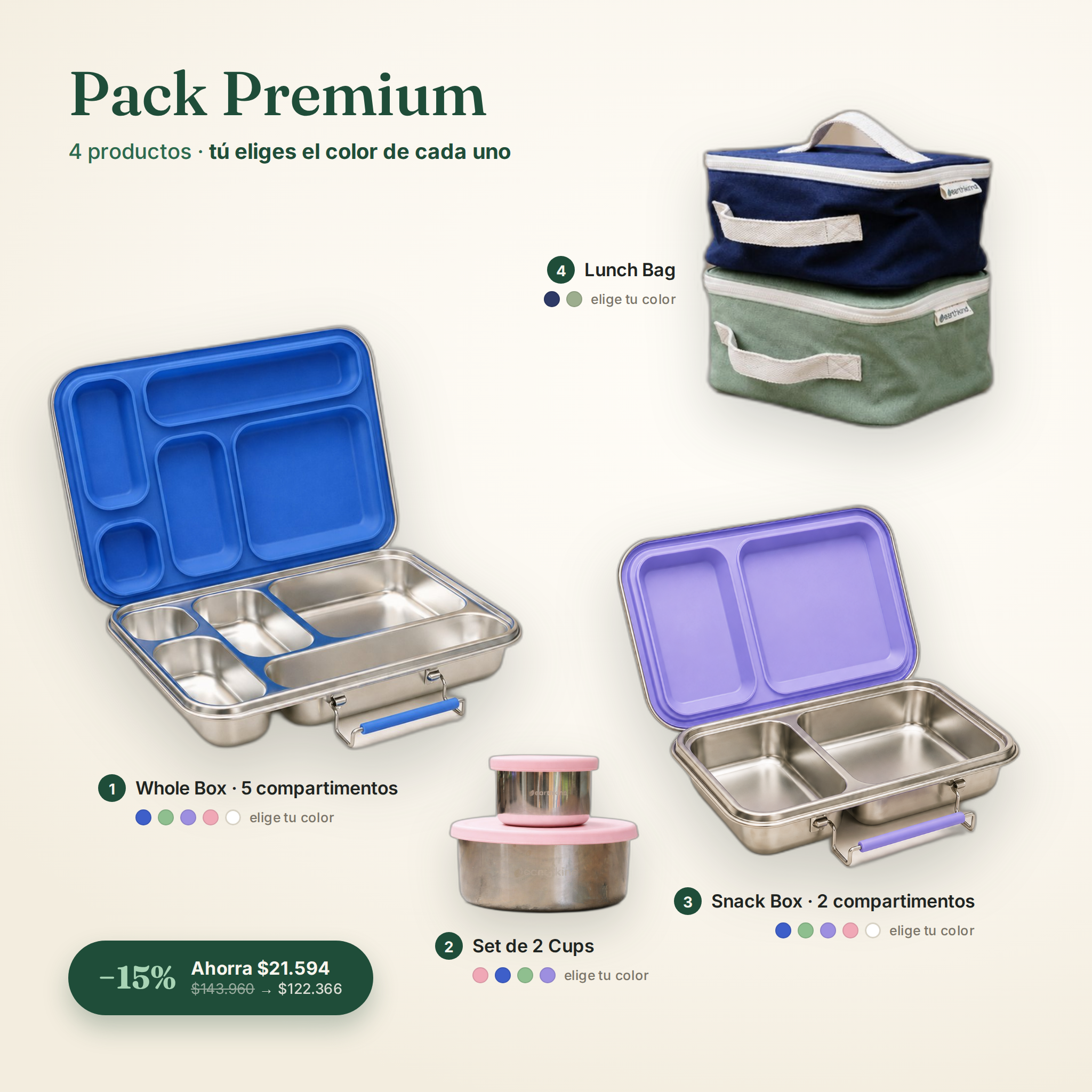 Pack Premium Earthkind: 1 Whole Box + 1 Snack Box + 1 set de 2 Cups + 1 Lunch Bag