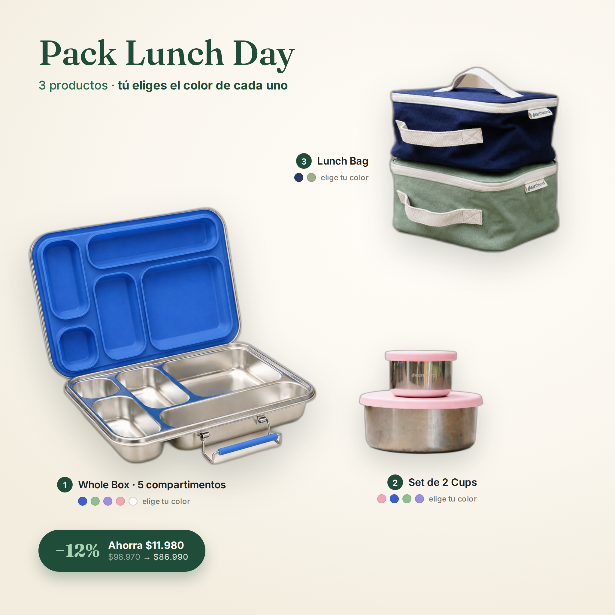 Pack Lunch Day: 1 Whole Box + Cups + 1 Lunch Bag (colores a elección)